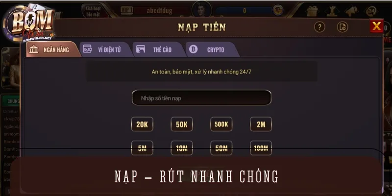 Sân chơi đảm bảo nạp rút tiền diễn ra nhanh chóng, an toàn